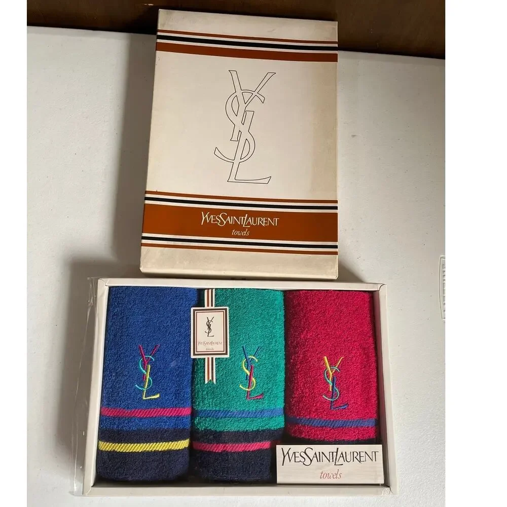 Yves Saint Laurent YSL Logo Original Box Set of 3 Bath Towels Deadstock Luxury